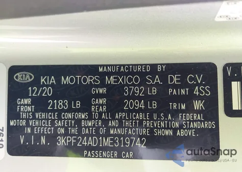 2021 Kia Forte Lxs from USA, damaged, VIN 3KPF24AD1ME319742